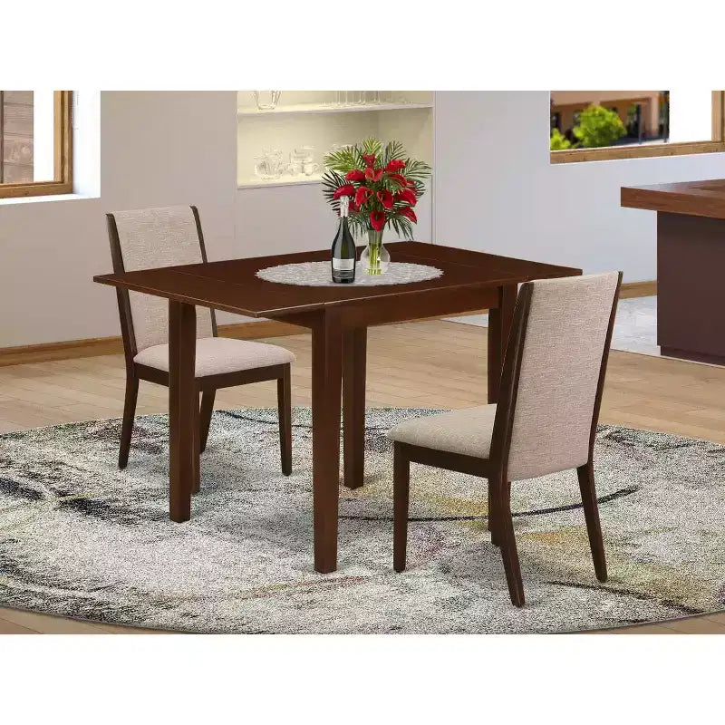 Ensemble de salle à manger 3 pièces HomeStock, dessus en bois massif rectangulaire, finition acajou avec rallonges