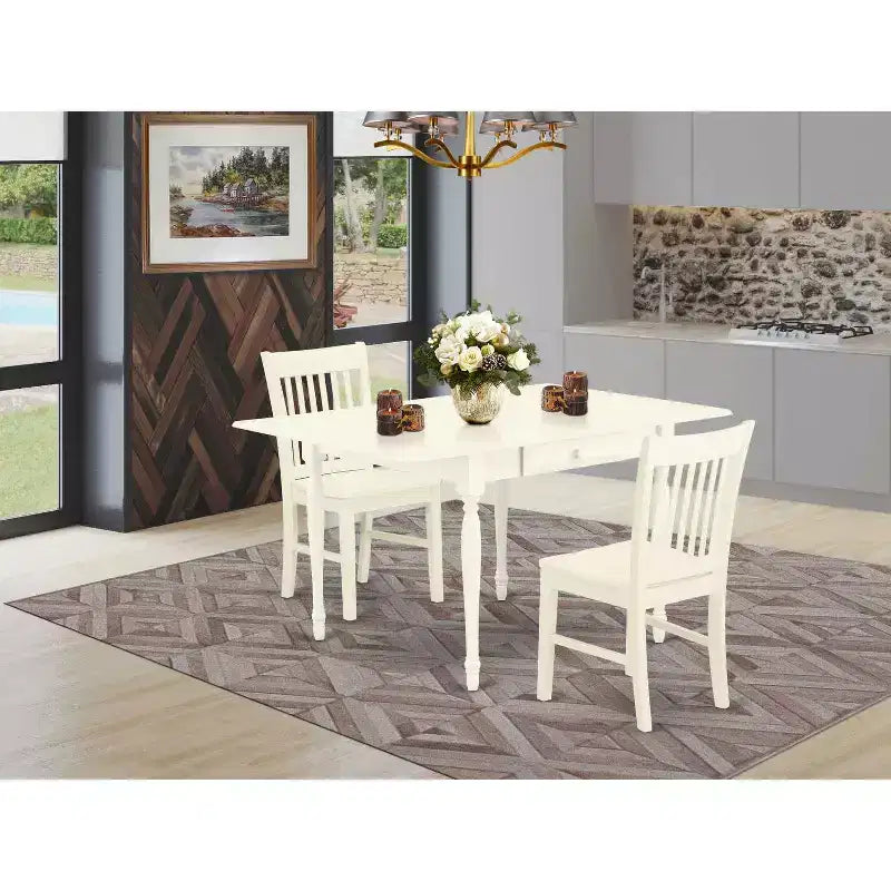 Ensemble de salle à manger 3 pièces HomeStock, dessus rectangulaire en bois massif à rallonges, finition blanc lin