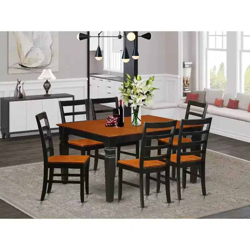 Table de salle à manger HomeStock 7 pièces avec plateau en bois massif noir et cerisier et 6 chaises