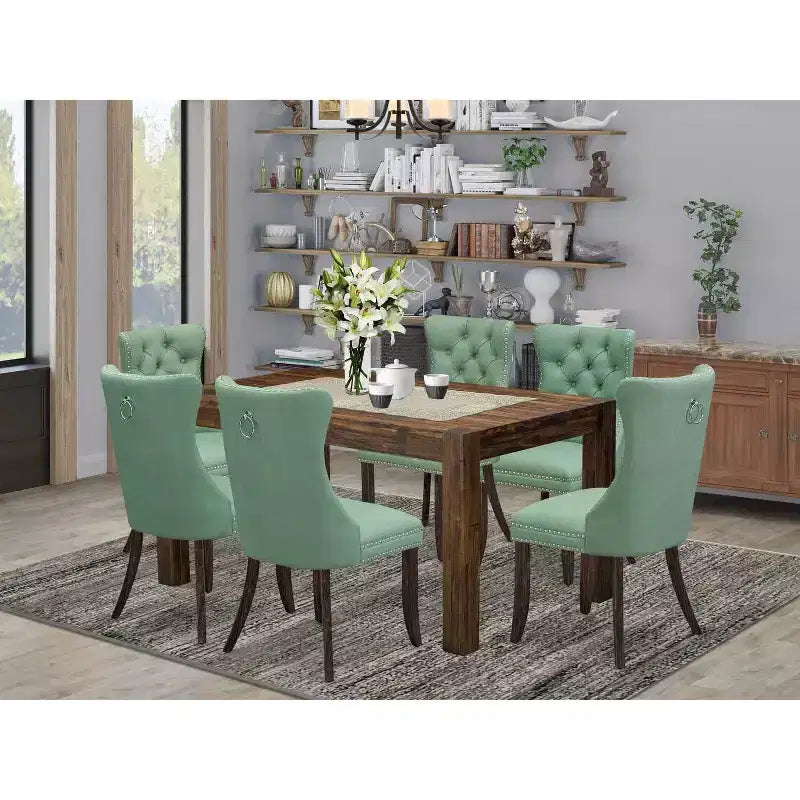 Table de salle à manger HomeStock 7 pièces rectangulaire en bois massif finition jacobine vieillie avec 6 chaises