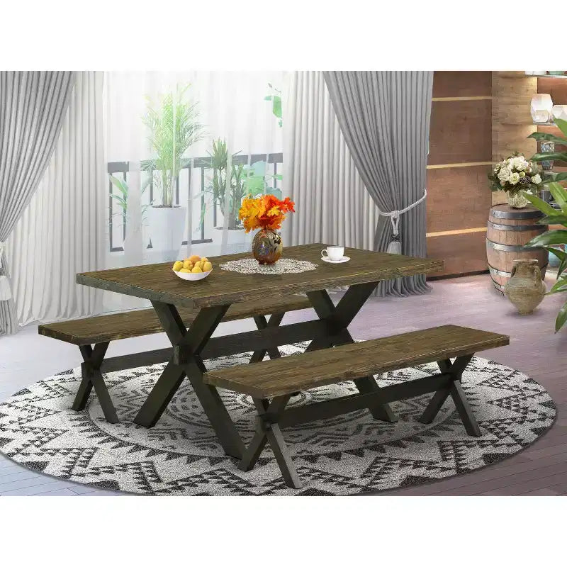 Table à manger 3 pièces HomeStock avec plateau en bois massif finition jacobéenne vieillie et 2 bancs