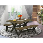 Table à manger 3 pièces HomeStock avec plateau en bois massif finition jacobéenne vieillie et 2 bancs