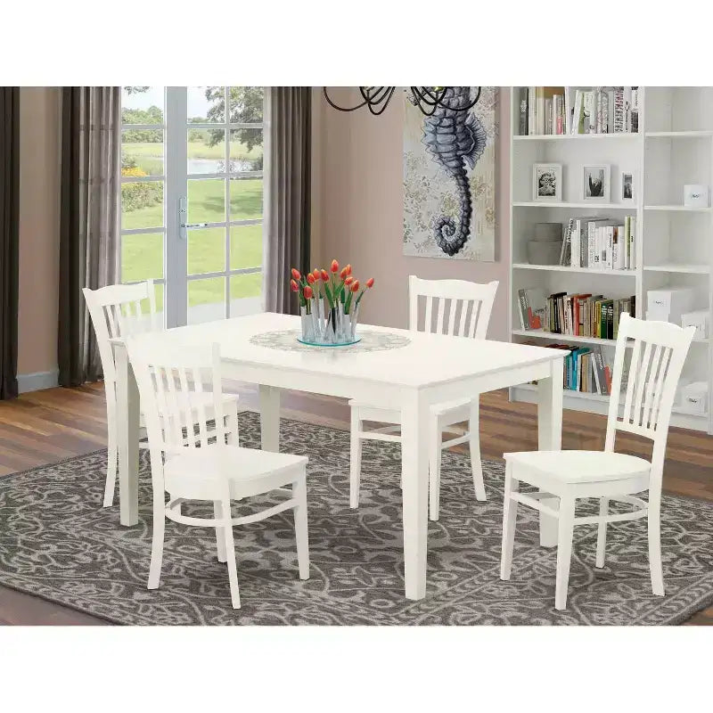 HomeStock Table de salle à manger 5 pièces avec dessus en bois massif, fini blanc lin, avec 4 chaises
