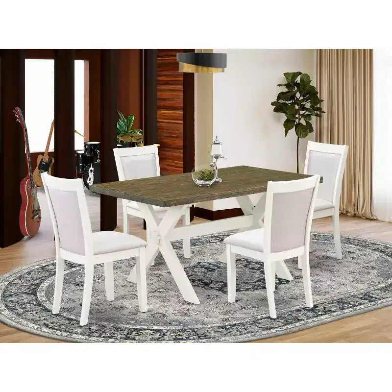 Table de salle à manger HomeStock 5 pièces, plateau en bois massif, finition brossée blanc lin, avec 4 chaises