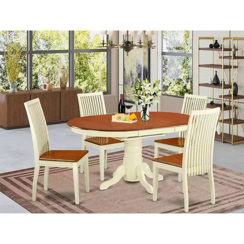 Ensemble table à manger 5 pièces HomeStock en bois massif finition cerisier et crème avec 4 chaises