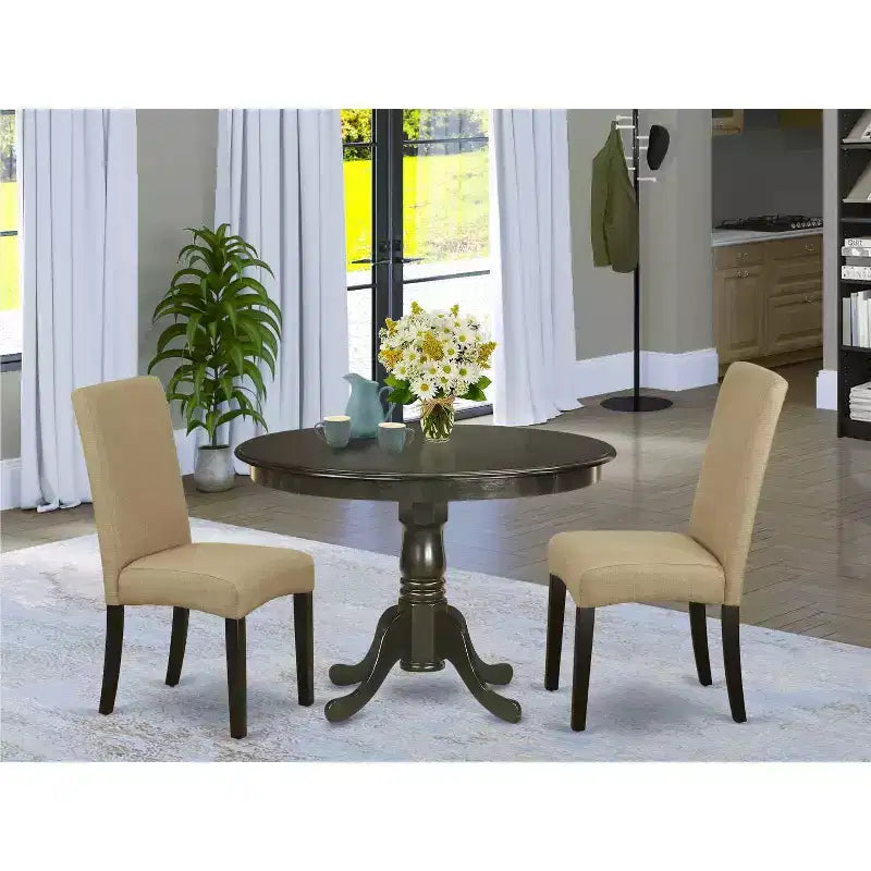 Ensemble table à manger ronde 3 pièces - Table de 42 po et 2 chaises Parsons - Fini cappuccino - Tissu lin - Salle à manger