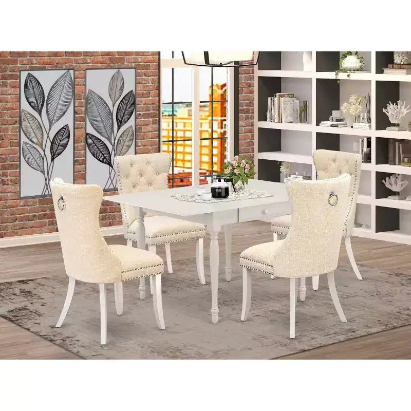 Ensemble de salle à manger rectangulaire rembourré 5 pièces avec plateau en bois massif au fini blanc lin - (4 places)