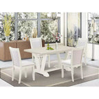 HomeStock Table de salle à manger rectangulaire 5 pièces, plateau en bois massif finition lin brossé blanc avec 4 chaises Parson