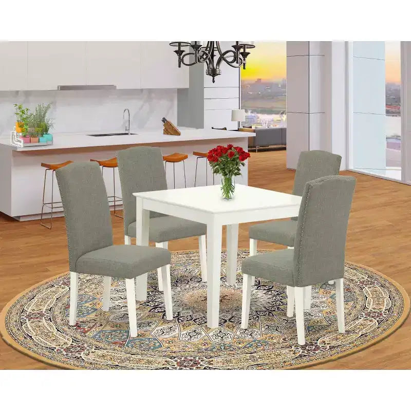 Ensemble repas moderne 5 pièces - Table carrée et 4 chaises - Pieds blanc lin - Tissu Dark Shitake