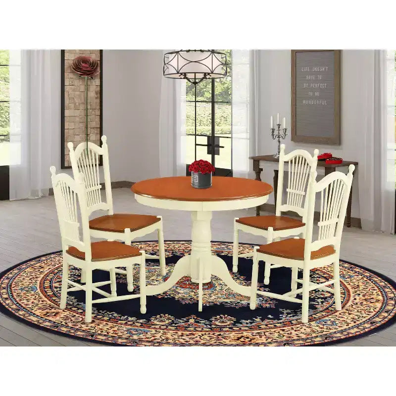 Table de salle à manger HomeStock 5 pièces ronde avec plateau en bois massif finition cerisier et crème et 4 chaises
