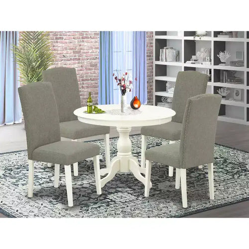 Table de salle à manger 5 pièces en bois massif finition lin blanc avec 4 chaises