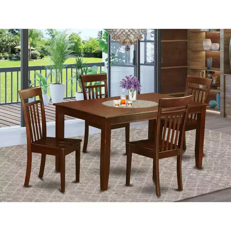 HomeStock Table de salle à manger rectangulaire 5 pièces en bois massif finition acajou avec 4 chaises