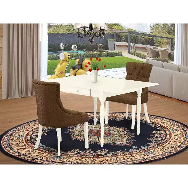 Ensemble de salle à manger 3 pièces HomeStock avec plateau en bois massif finition blanc lin et table à rabats