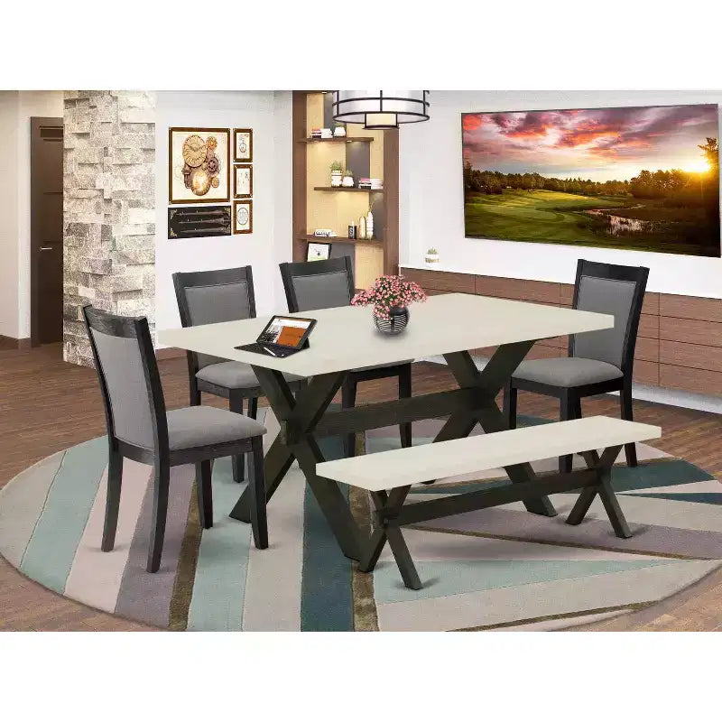 HomeStock Table à manger 6 pièces rectangulaire en bois massif finition chêne naturel avec 1 banc et 4 chaises rembourrées