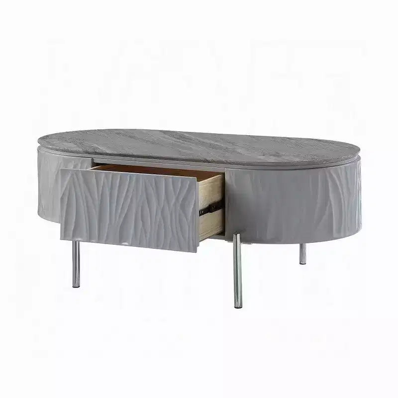 Table basse Royal Hampton, gris brillant, métal chromé, bois gris, 119 cm