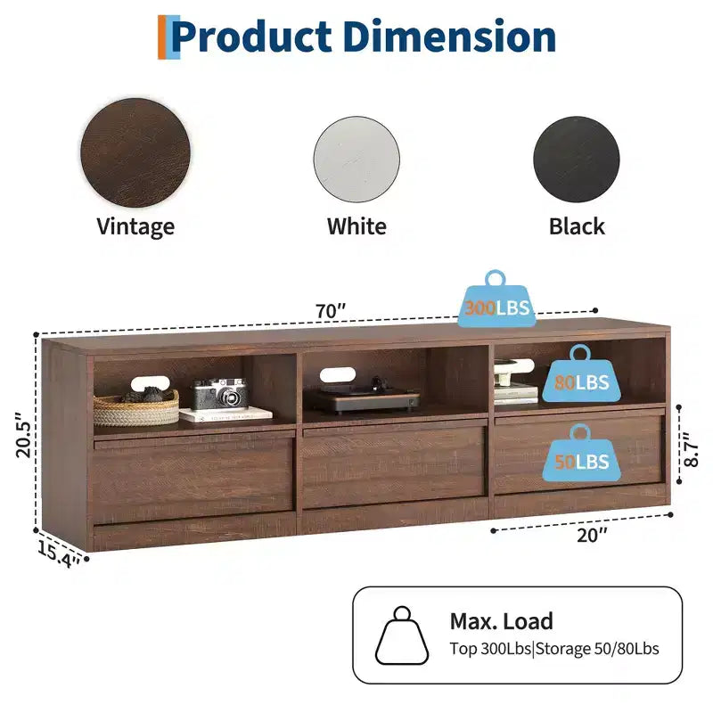 Meuble TV de 70 pouces pour téléviseurs de 80 pouces, meuble de divertissement moderne du milieu du siècle avec tiroir de rangement et étagères ouvertes, meuble de console multimédia en bois pour salon