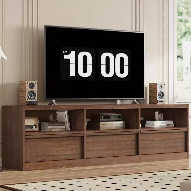 Meuble TV de 70 pouces pour téléviseurs de 80 pouces, meuble de divertissement moderne du milieu du siècle avec tiroir de rangement et étagères ouvertes, meuble de console multimédia en bois pour salon