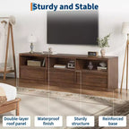 Meuble TV de 70 pouces pour téléviseurs de 80 pouces, meuble de divertissement moderne du milieu du siècle avec tiroir de rangement et étagères ouvertes, meuble de console multimédia en bois pour salon