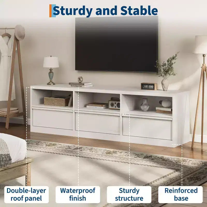Meuble TV de 70 pouces pour téléviseurs de 80 pouces, meuble de divertissement moderne du milieu du siècle avec tiroir de rangement et étagères ouvertes, meuble de console multimédia en bois pour salon