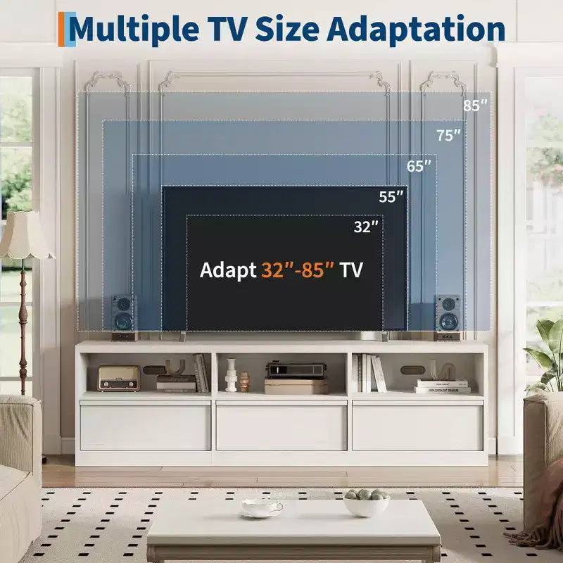 Meuble TV de 70 pouces pour téléviseurs de 80 pouces, meuble de divertissement moderne du milieu du siècle avec tiroir de rangement et étagères ouvertes, meuble de console multimédia en bois pour salon