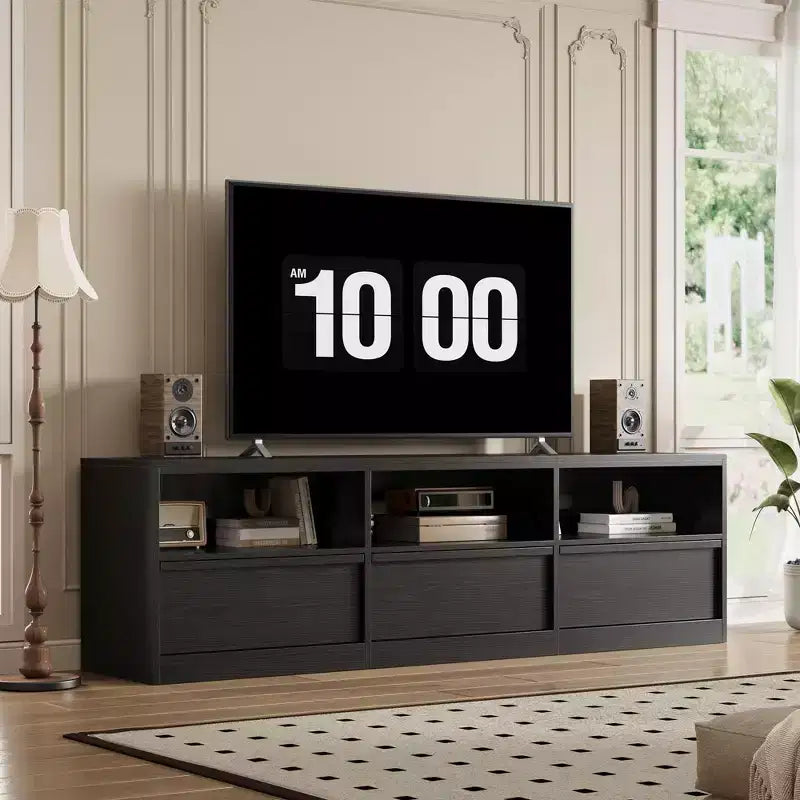 Meuble TV de 70 pouces pour téléviseurs de 80 pouces, meuble de divertissement moderne du milieu du siècle avec tiroir de rangement et étagères ouvertes, meuble de console multimédia en bois pour salon