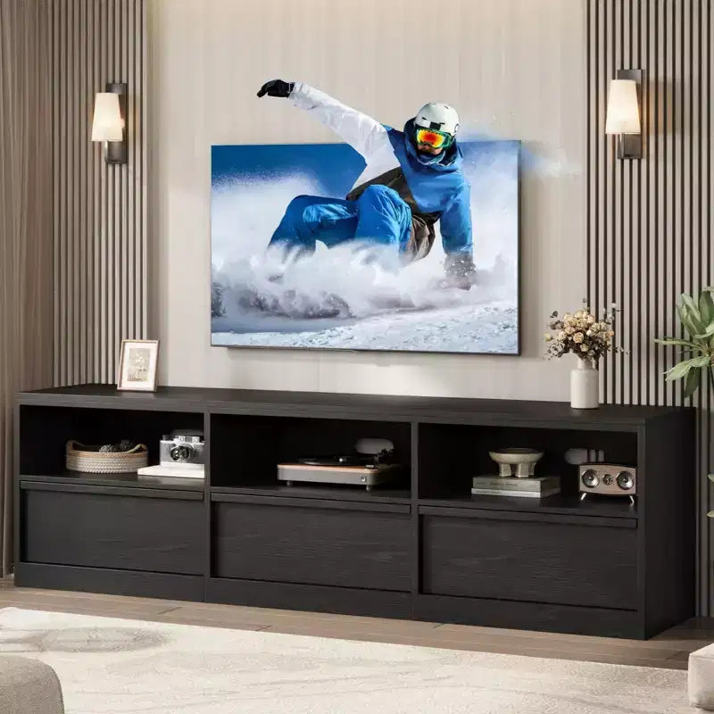 Meuble TV de 70 pouces pour téléviseurs de 80 pouces, meuble de divertissement moderne du milieu du siècle avec tiroir de rangement et étagères ouvertes, meuble de console multimédia en bois pour salon