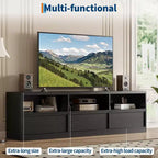 Meuble TV de 70 pouces pour téléviseurs de 80 pouces, meuble de divertissement moderne du milieu du siècle avec tiroir de rangement et étagères ouvertes, meuble de console multimédia en bois pour salon