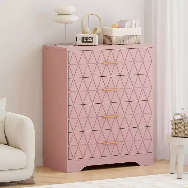 Commode à 4 tiroirs, chiffonnier, unité de rangement haute avec poignées dorées, petite commode pour chambre, salon, placard