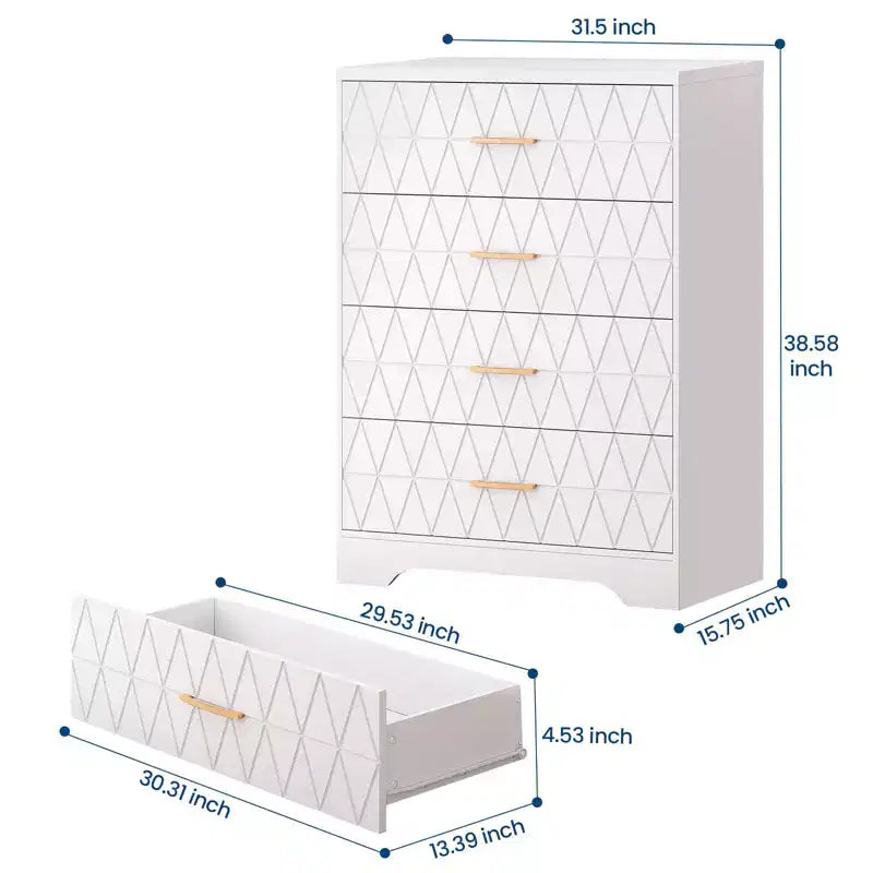 Commode à 4 tiroirs, chiffonnier, unité de rangement haute avec poignées dorées, petite commode pour chambre, salon, placard