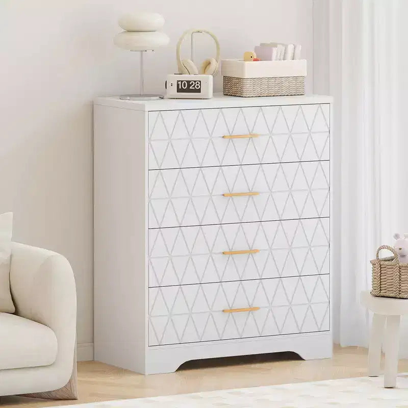 Commode à 4 tiroirs, chiffonnier, unité de rangement haute avec poignées dorées, petite commode pour chambre, salon, placard