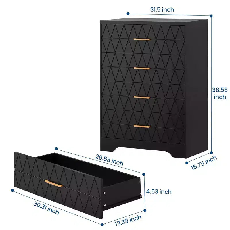 Commode à 4 tiroirs, chiffonnier, unité de rangement haute avec poignées dorées, petite commode pour chambre, salon, placard