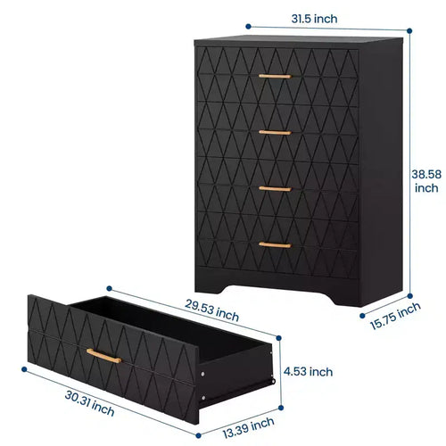 Commode à 4 tiroirs, chiffonnier, unité de rangement haute avec poignées dorées, petite commode pour chambre, salon, placard
