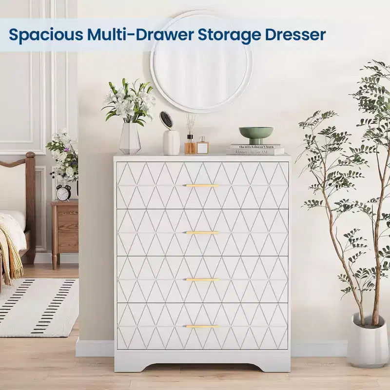 Commode à 4 tiroirs, chiffonnier, unité de rangement haute avec poignées dorées, petite commode pour chambre, salon, placard