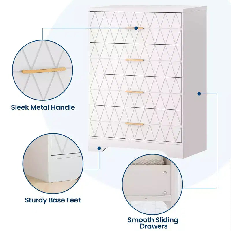 Commode à 4 tiroirs, chiffonnier, unité de rangement haute avec poignées dorées, petite commode pour chambre, salon, placard