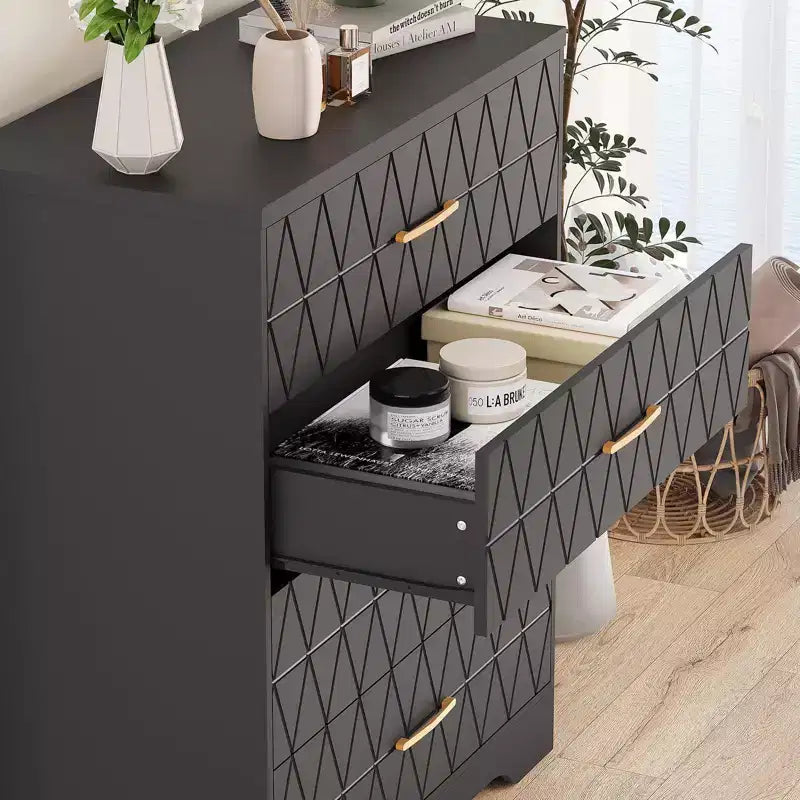 Commode à 4 tiroirs, chiffonnier, unité de rangement haute avec poignées dorées, petite commode pour chambre, salon, placard