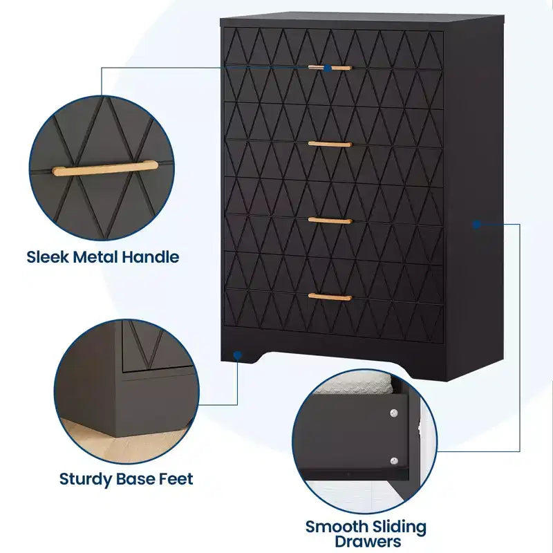 Commode à 4 tiroirs, chiffonnier, unité de rangement haute avec poignées dorées, petite commode pour chambre, salon, placard