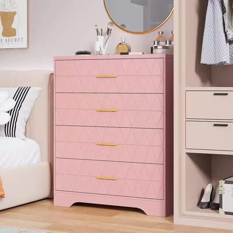 Commode à 4 tiroirs, chiffonnier, unité de rangement haute avec poignées dorées, petite commode pour chambre, salon, placard