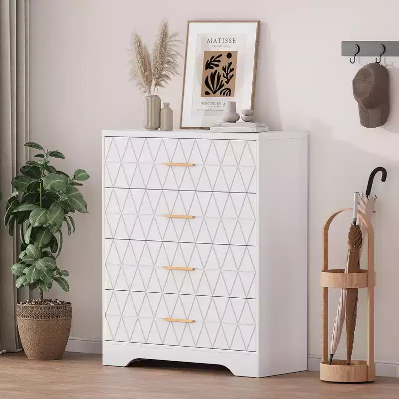 Commode à 4 tiroirs, chiffonnier, unité de rangement haute avec poignées dorées, petite commode pour chambre, salon, placard
