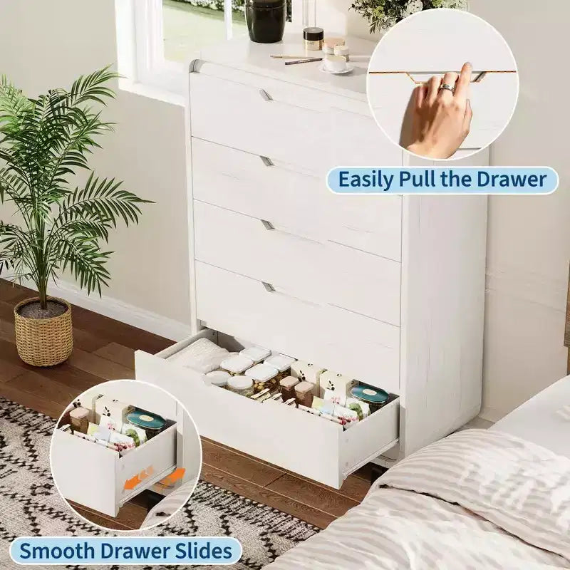 Commode en bois moderne avec pieds en métal : Commode en bois naturel avec coins arrondis et kit anti-basculement pour la sécurité de la chambre.