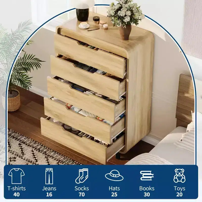 Commode en bois moderne avec pieds en métal : Commode en bois naturel avec coins arrondis et kit anti-basculement pour la sécurité de la chambre.