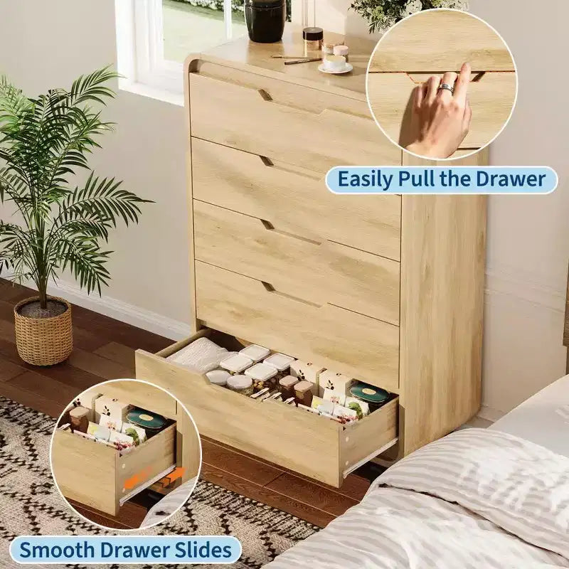 Commode en bois moderne avec pieds en métal : Commode en bois naturel avec coins arrondis et kit anti-basculement pour la sécurité de la chambre.