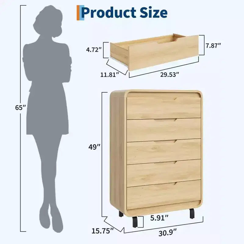 Commode en bois moderne avec pieds en métal : Commode en bois naturel avec coins arrondis et kit anti-basculement pour la sécurité de la chambre.