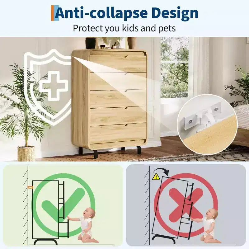Commode en bois moderne avec pieds en métal : Commode en bois naturel avec coins arrondis et kit anti-basculement pour la sécurité de la chambre.