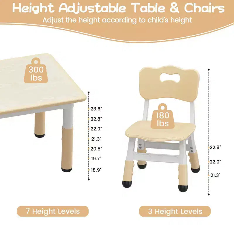 Ensemble table et chaises d'étude pour enfants avec rangement, hauteur réglable pour enfants de 3 à 8 ans, tapis de sol antidérapants, plateau de table facile à nettoyer