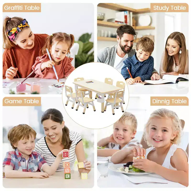 Ensemble table et chaises d'étude pour enfants avec rangement, hauteur réglable pour enfants de 3 à 8 ans, tapis de sol antidérapants, plateau de table facile à nettoyer