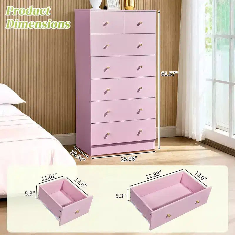 Grande commode Karl Home à 7 tiroirs pour chambre et commode à tiroirs avec construction robuste Organisateur de rangement en bois pour placard En rose
