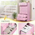 Grande commode Karl Home à 7 tiroirs pour chambre et commode à tiroirs avec construction robuste Organisateur de rangement en bois pour placard En rose