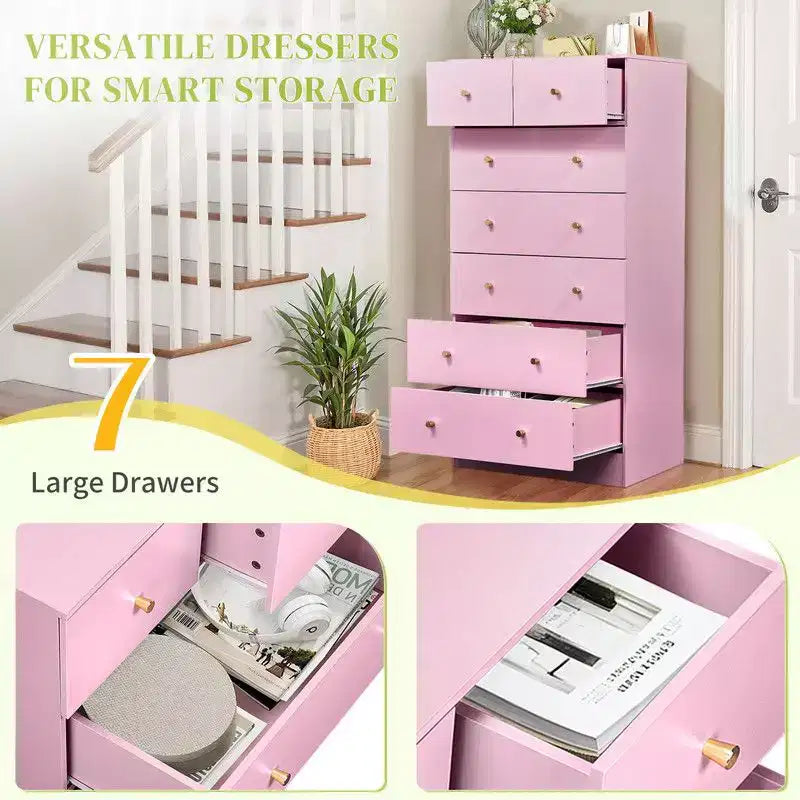 Grande commode Karl Home à 7 tiroirs pour chambre et commode à tiroirs avec construction robuste Organisateur de rangement en bois pour placard En rose