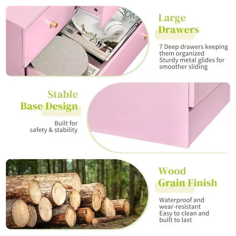 Grande commode Karl Home à 7 tiroirs pour chambre et commode à tiroirs avec construction robuste Organisateur de rangement en bois pour placard En rose