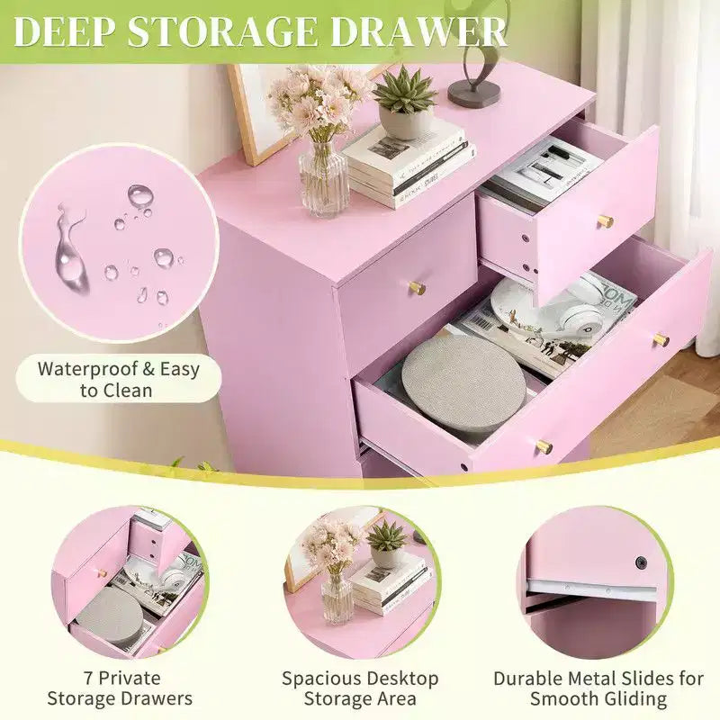Grande commode Karl Home à 7 tiroirs pour chambre et commode à tiroirs avec construction robuste Organisateur de rangement en bois pour placard En rose
